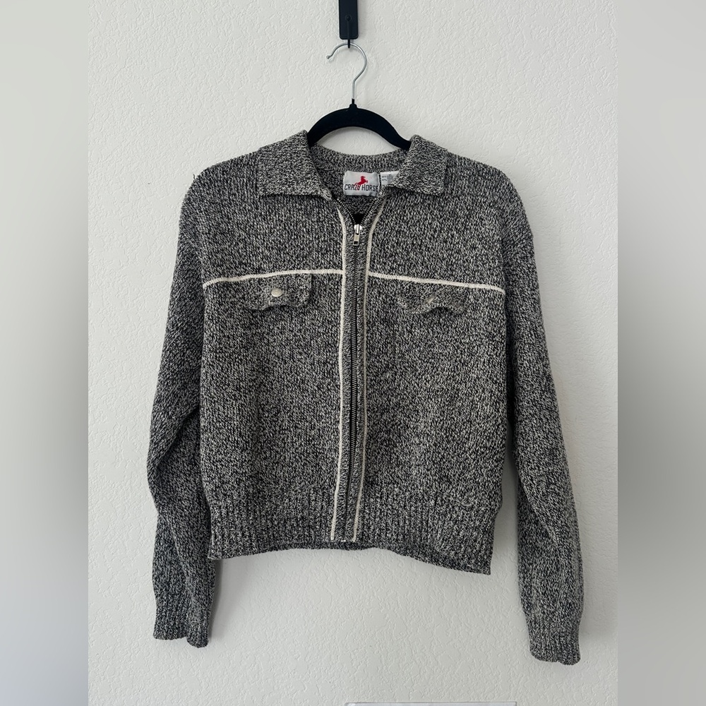 VINTAGE 90S CRAZY HORSE GRAY MARLED KNIT ZIP SWEATER JACKET COLLARED CROPPED M